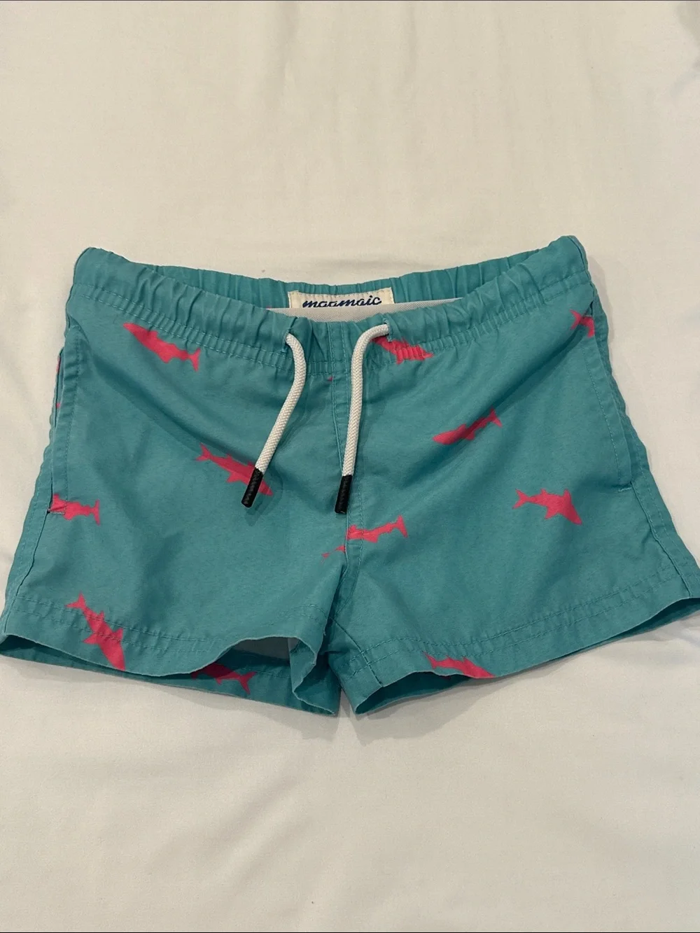 Macmoic Teal Kids' Swim Shorts with Pink Shark Print